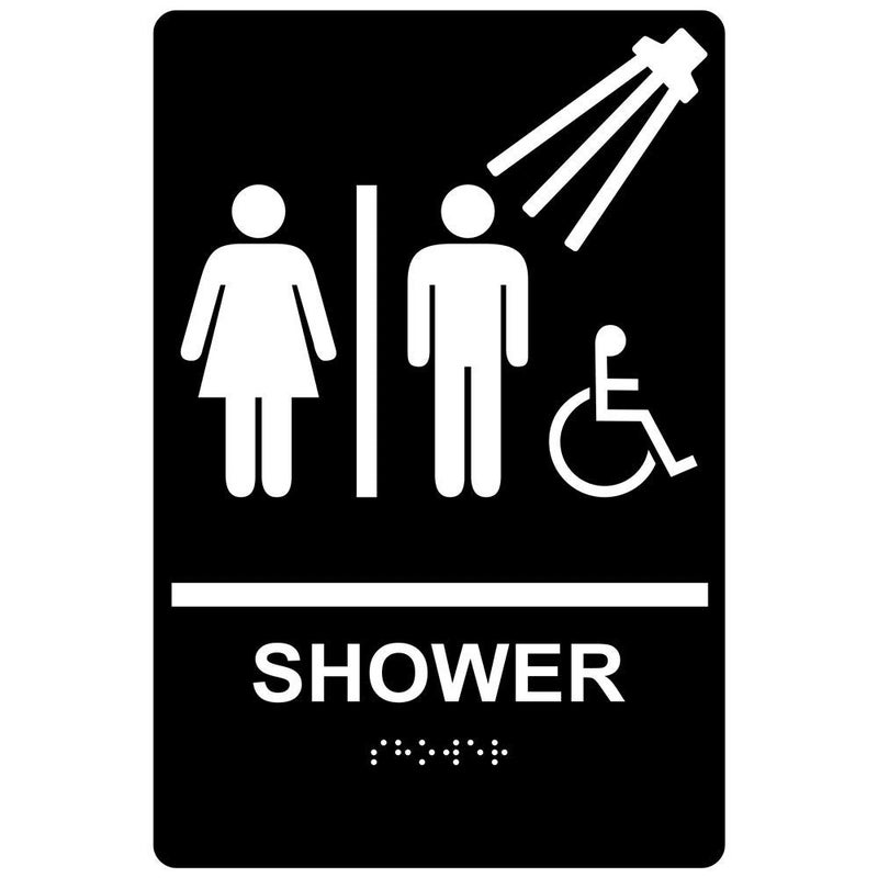 ComplianceSigns.com Shower Sign, ADA-Compliant Braille and Raised Letters, 9x6 inch White on Black Acrylic with Adhesive Mounting Strips - Image 1